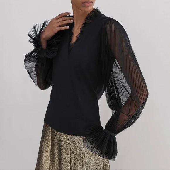 ME+EM Black Blouse with Sheer Tulle Sleeves - Picture 1 of 5